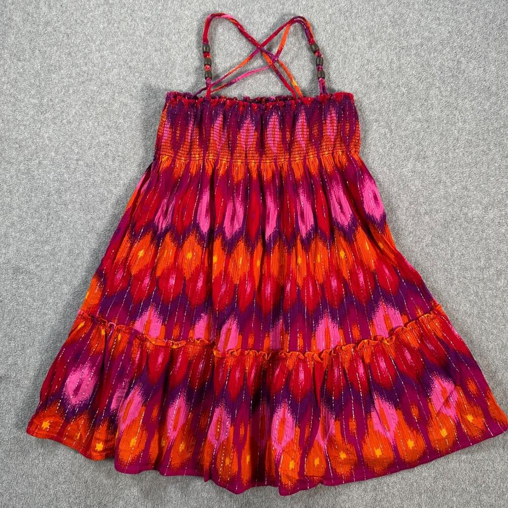 Gap Kids Metallic Ikat Dress Girls Small 6/7 Smocket Beads Strappy Ruffle Hem
